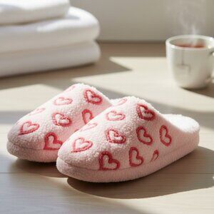 Honeydew Heart Scuff Slippers Womens Small Faux Shearling Pink Ivory NEW